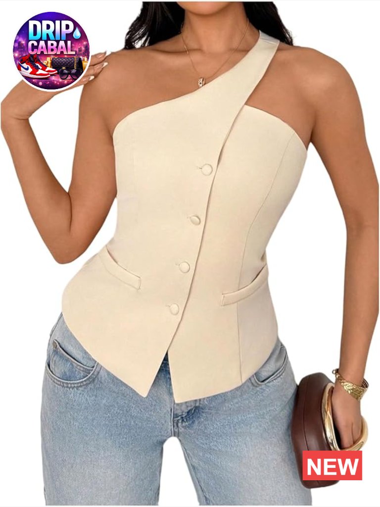 Women's Sleeveless One Shoulder Vest Blazer Button Down Business Casual
